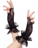 Mitaines noires fine résille et volants dentelle florale - ML462BLK